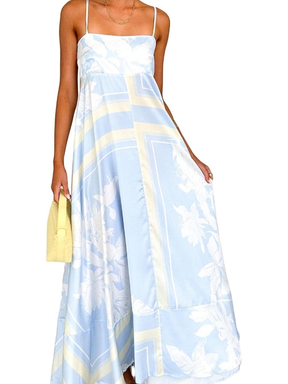 Light Blue Floral Maxi Dress with Pale Yellow Trim